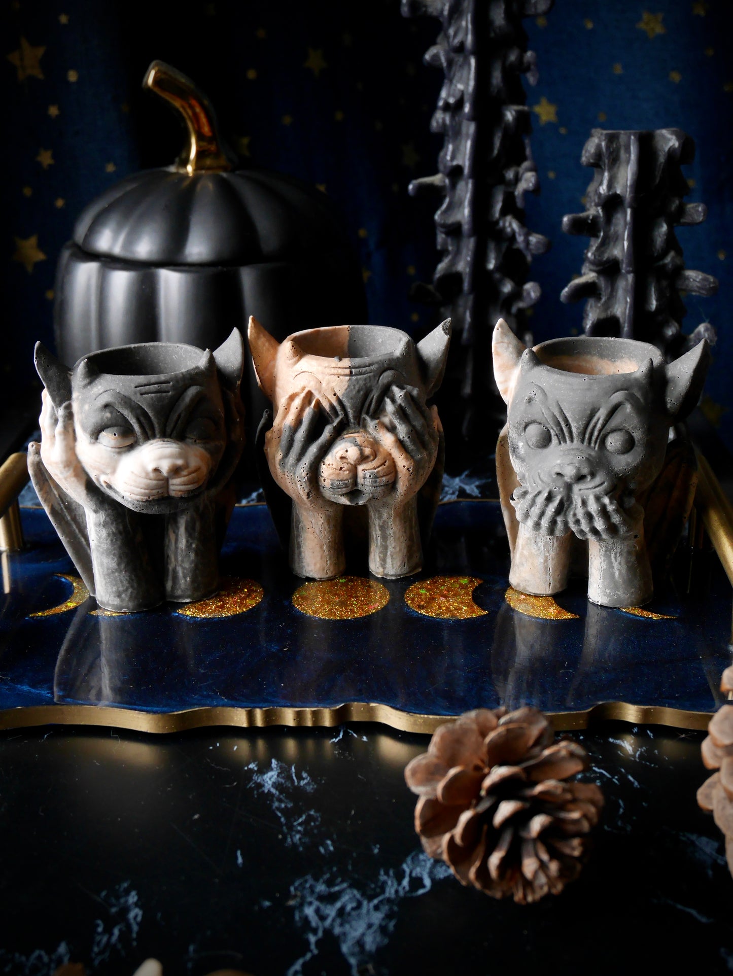 Gargoyle Candleholders – Black, Gold and White