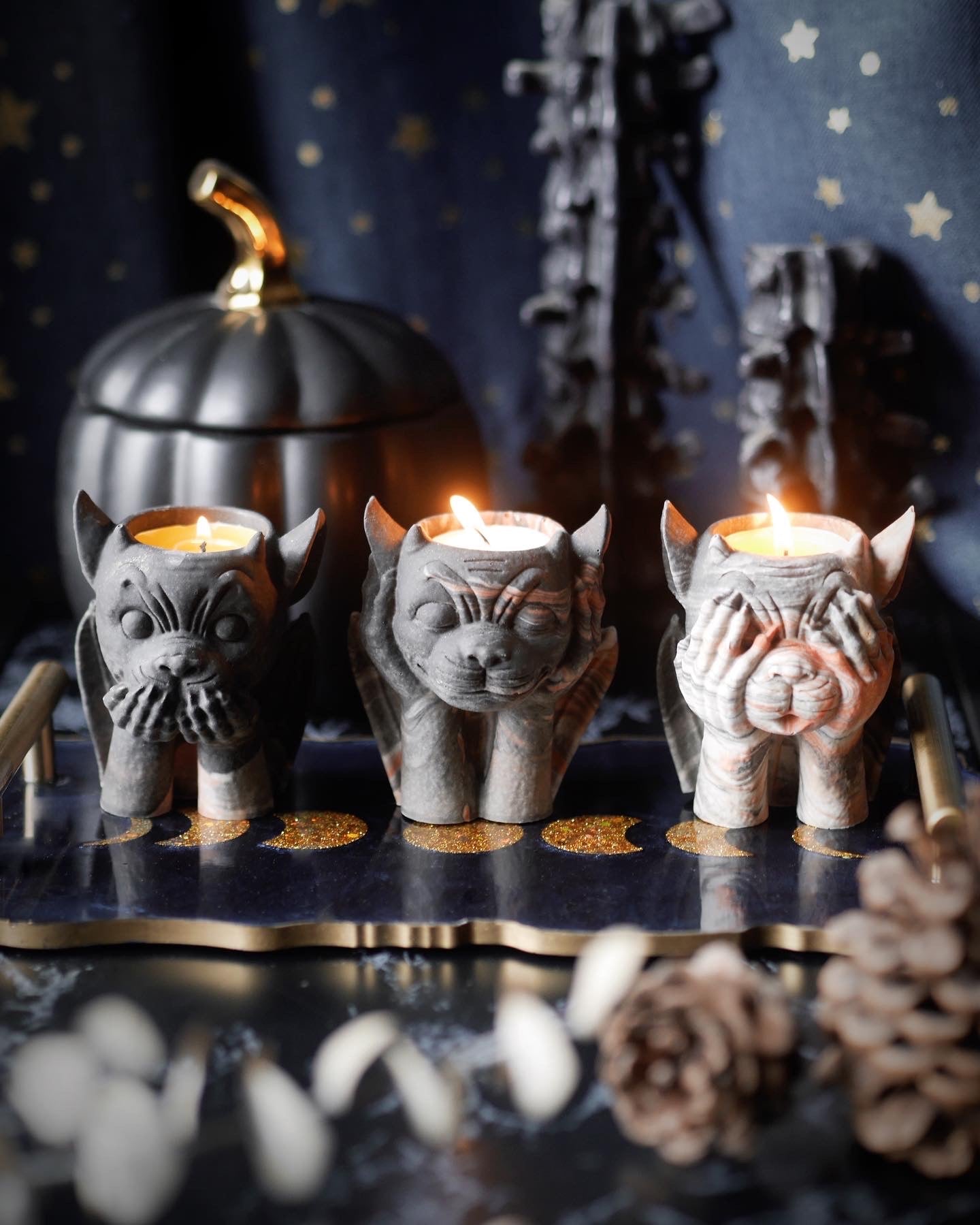 Gargoyle Candleholders – Black, Orange and White