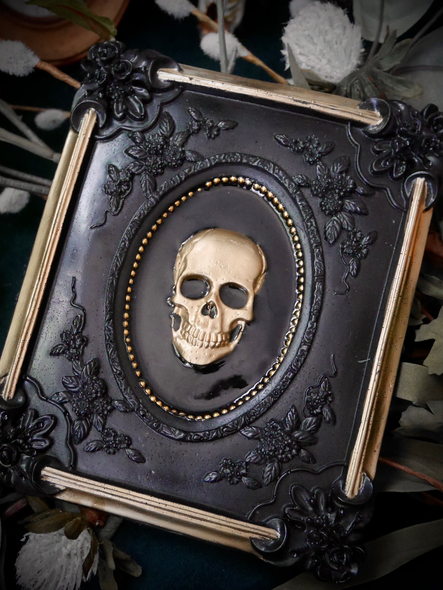 Black Gold Skull in Ornate Victorian Frame