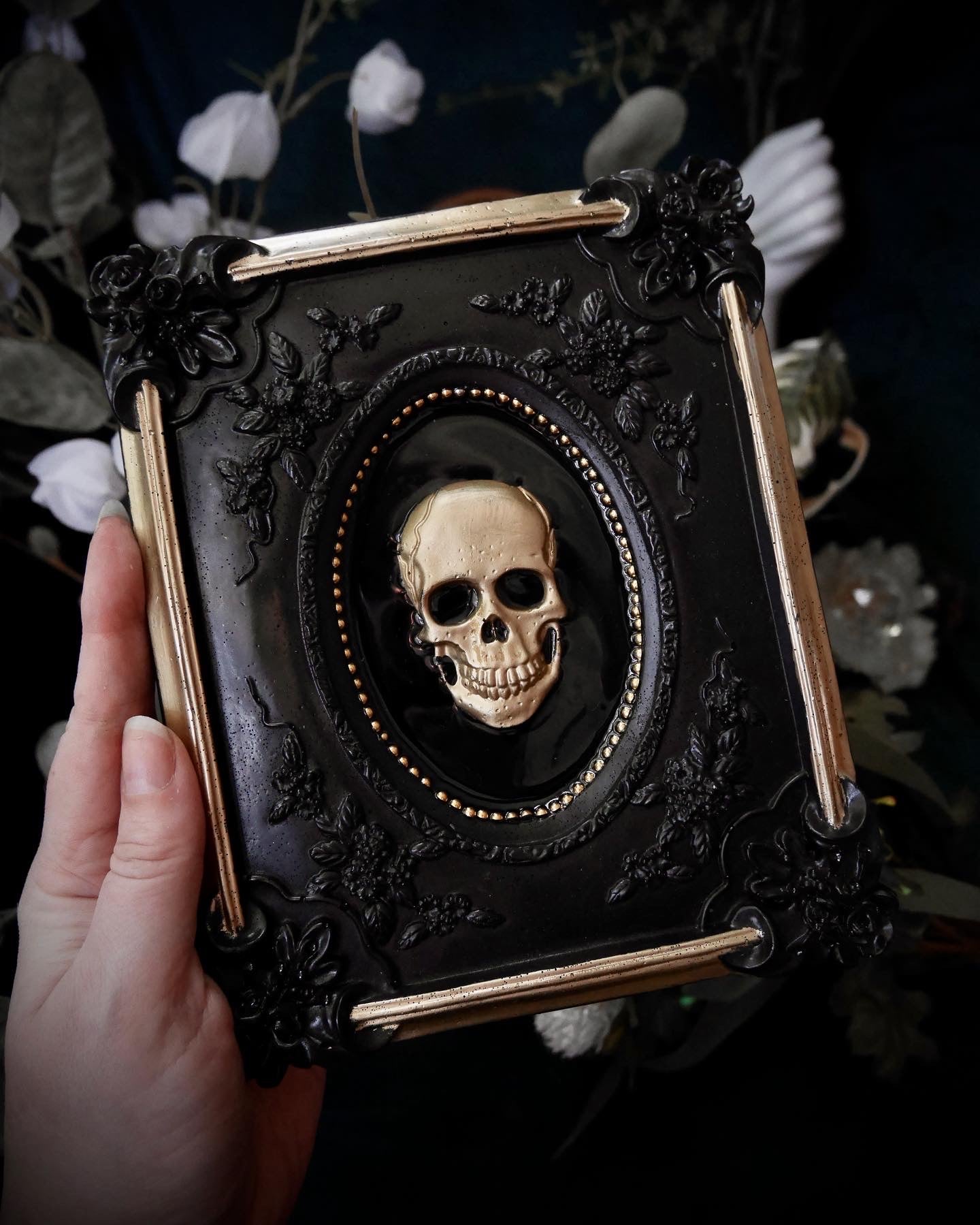 Black Gold Skull in Ornate Victorian Frame