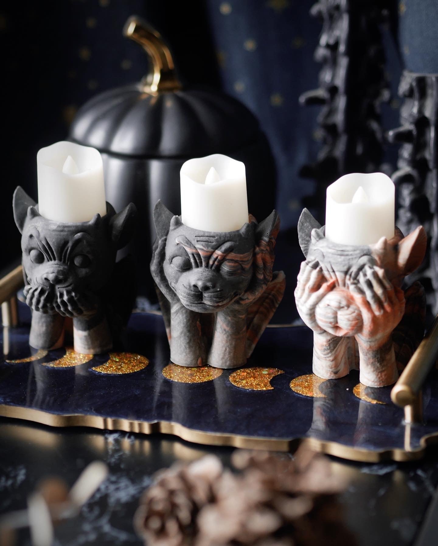 Gargoyle Candleholders – Black, Orange and White
