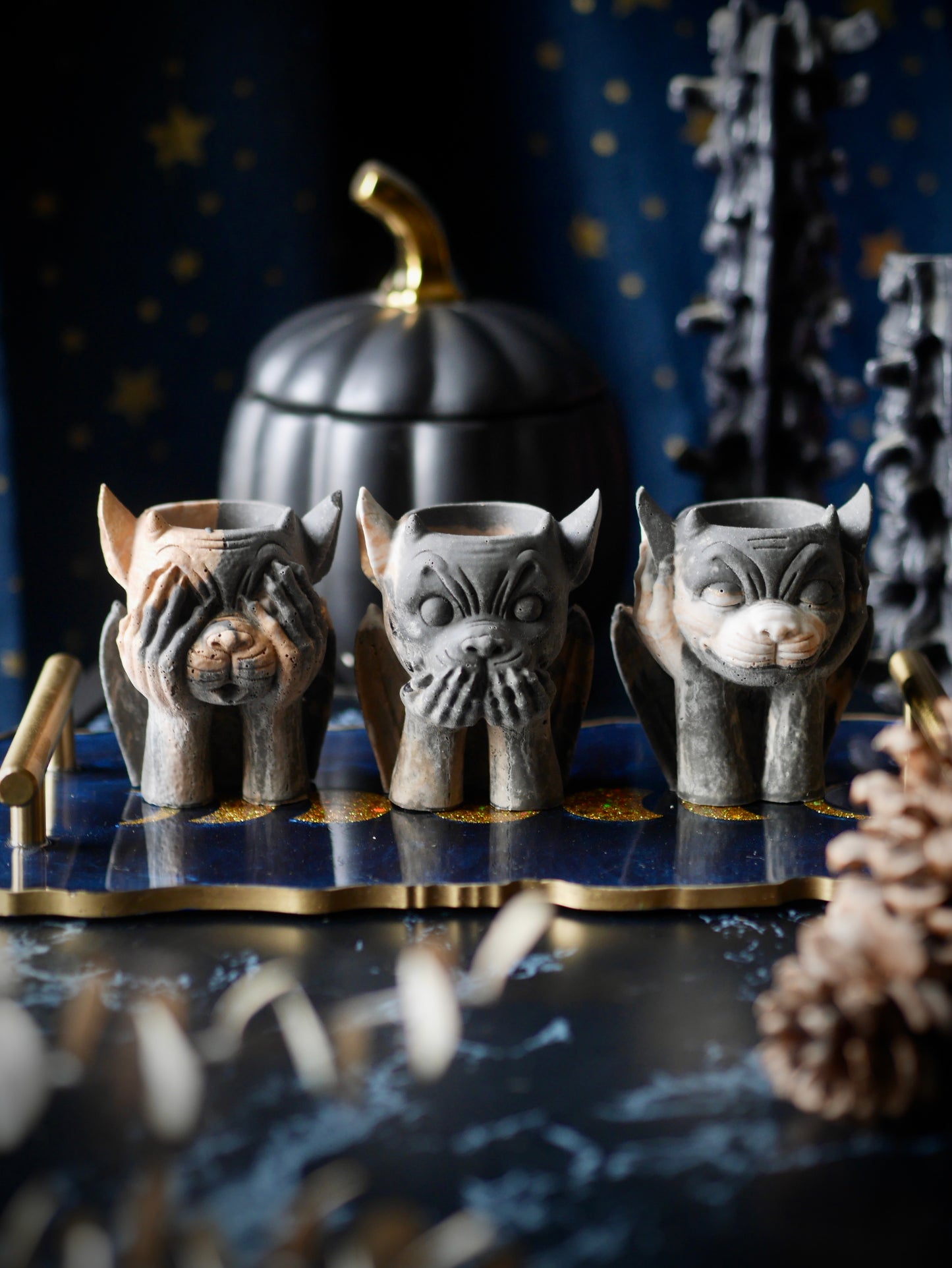 Gargoyle Candleholders – Black, Gold and White