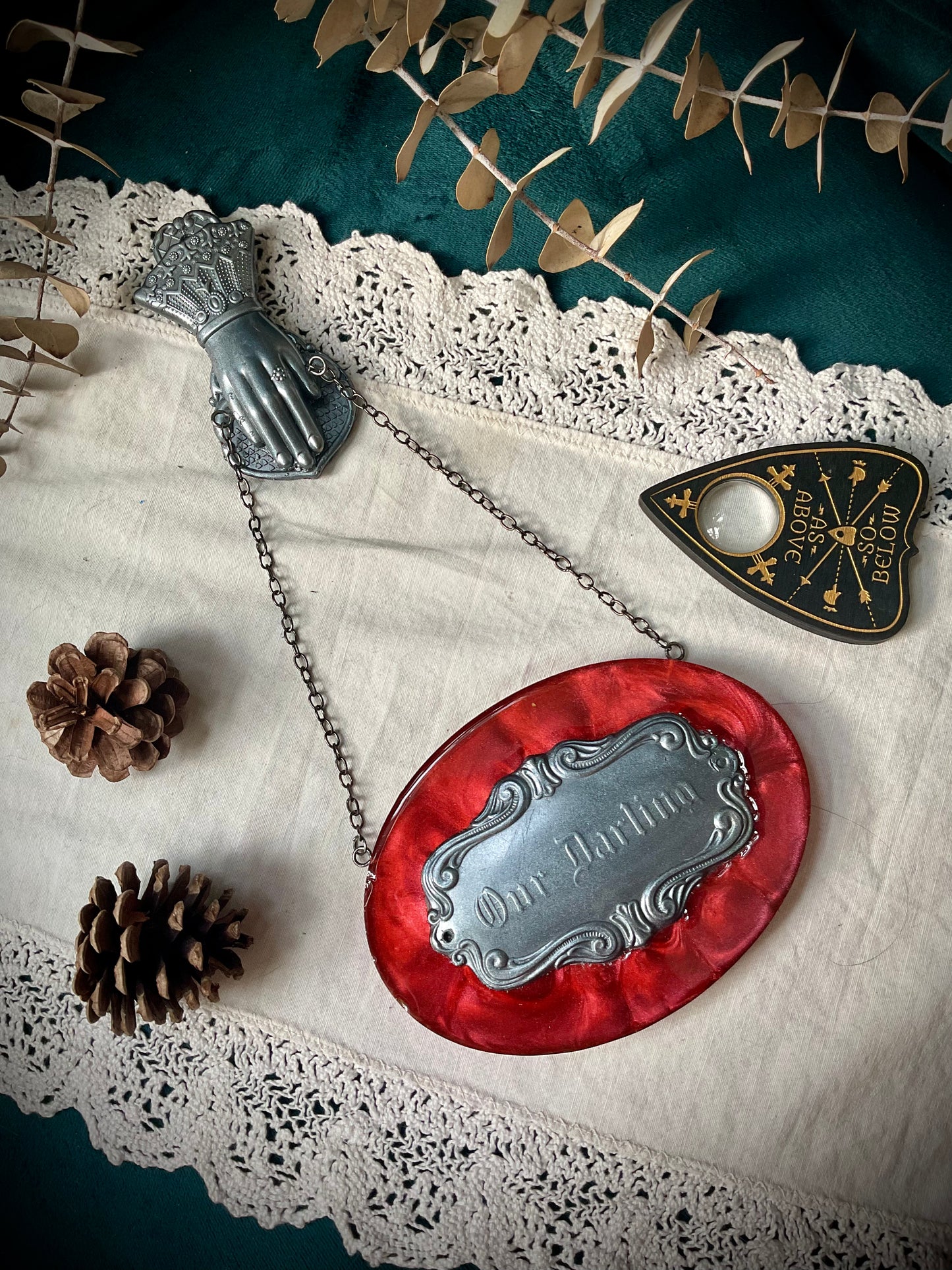 Darling Victorian Mourning Casket Plaque - Red and Pewter
