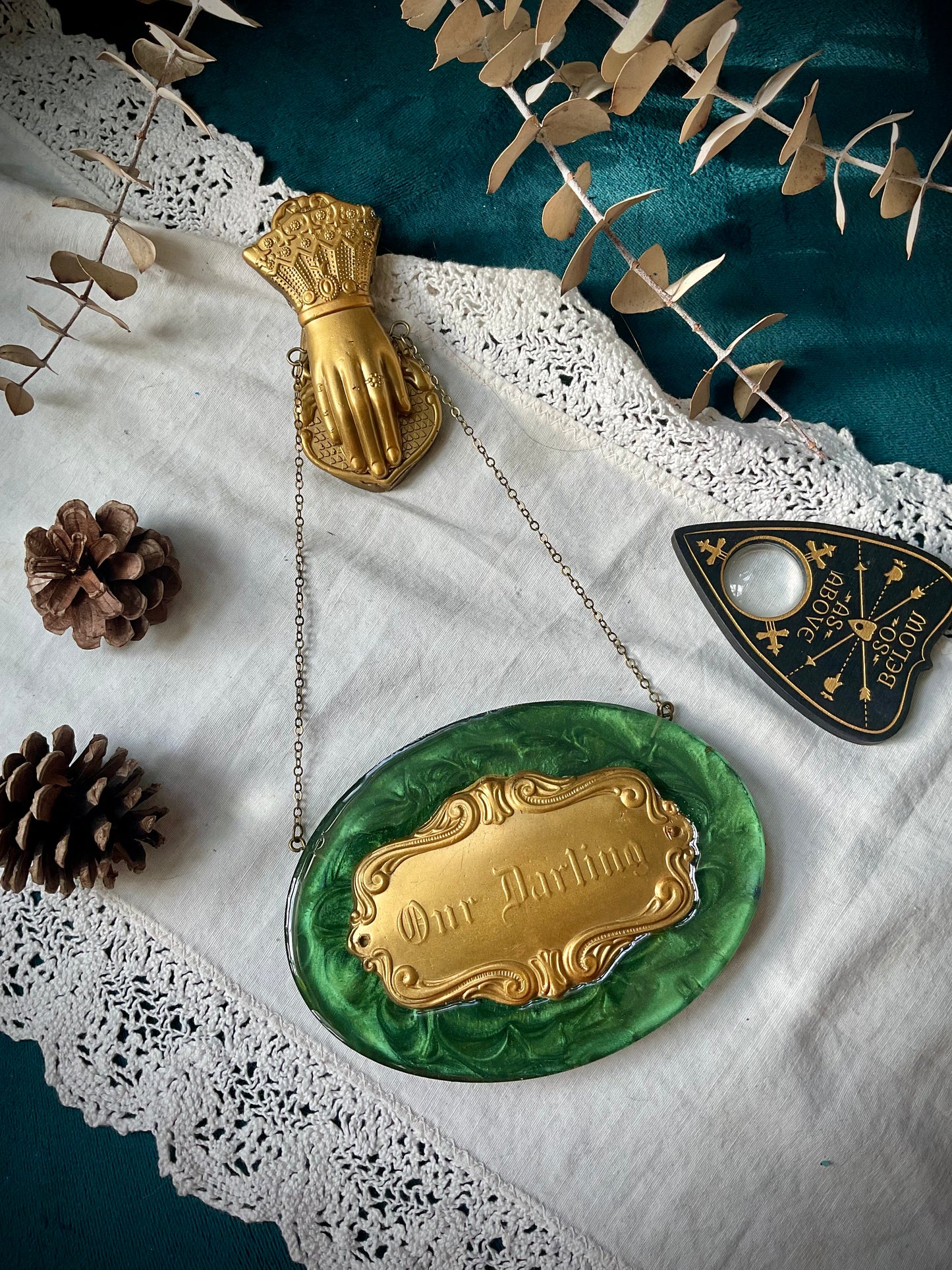 Darling Victorian Mourning Casket Plaque - Green and Gold