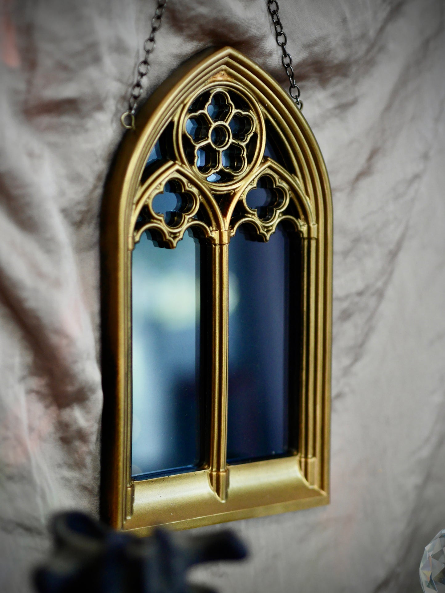 Gothic Arches Mirror - Gold Frame Black Mirror on Chain