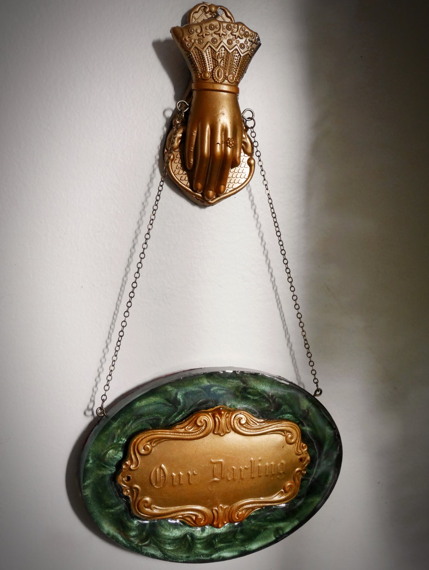 Darling Victorian Mourning Casket Plaque - Green and Gold