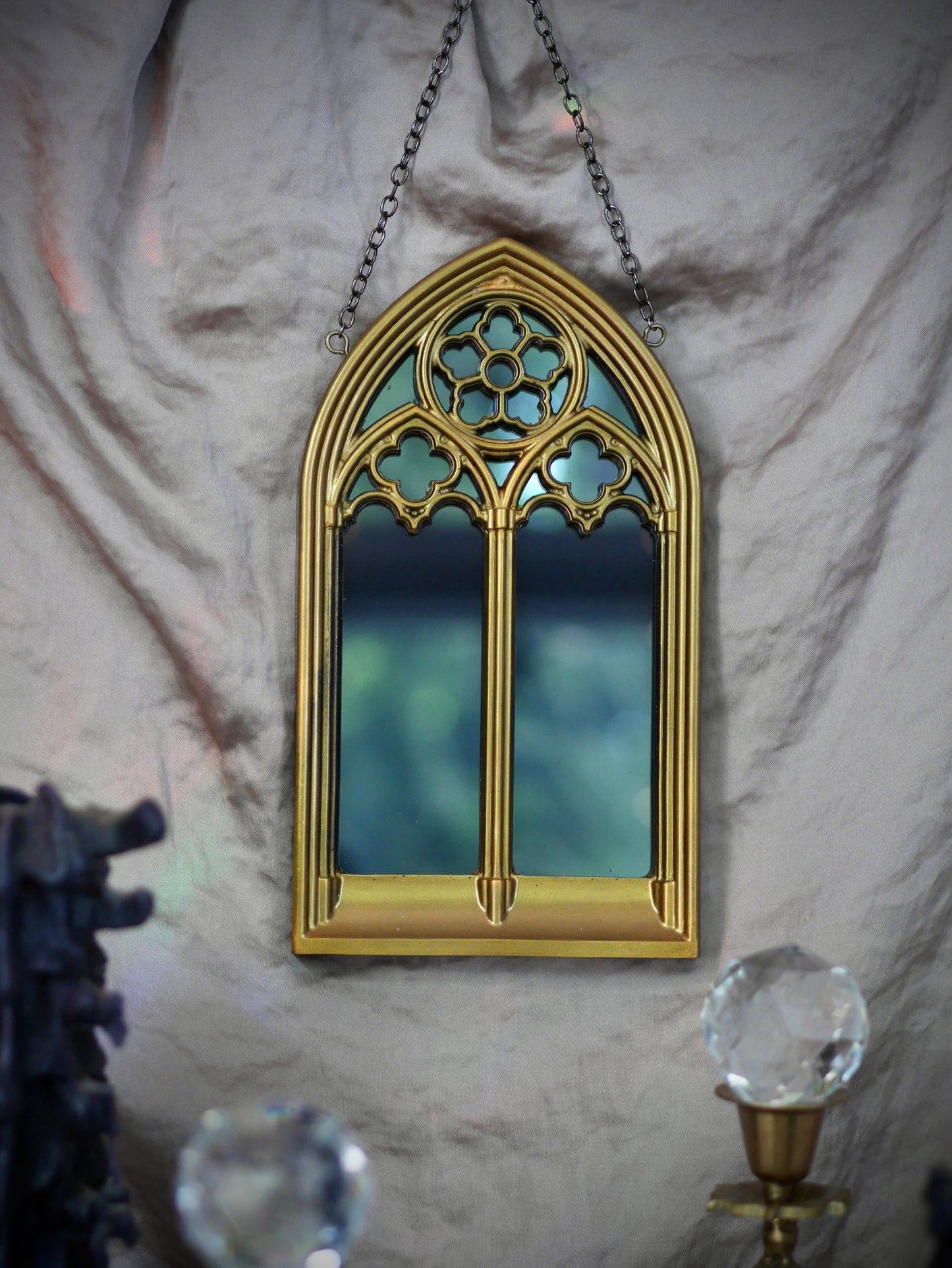 Gothic Arches Mirror - Gold Frame Black Mirror on Chain