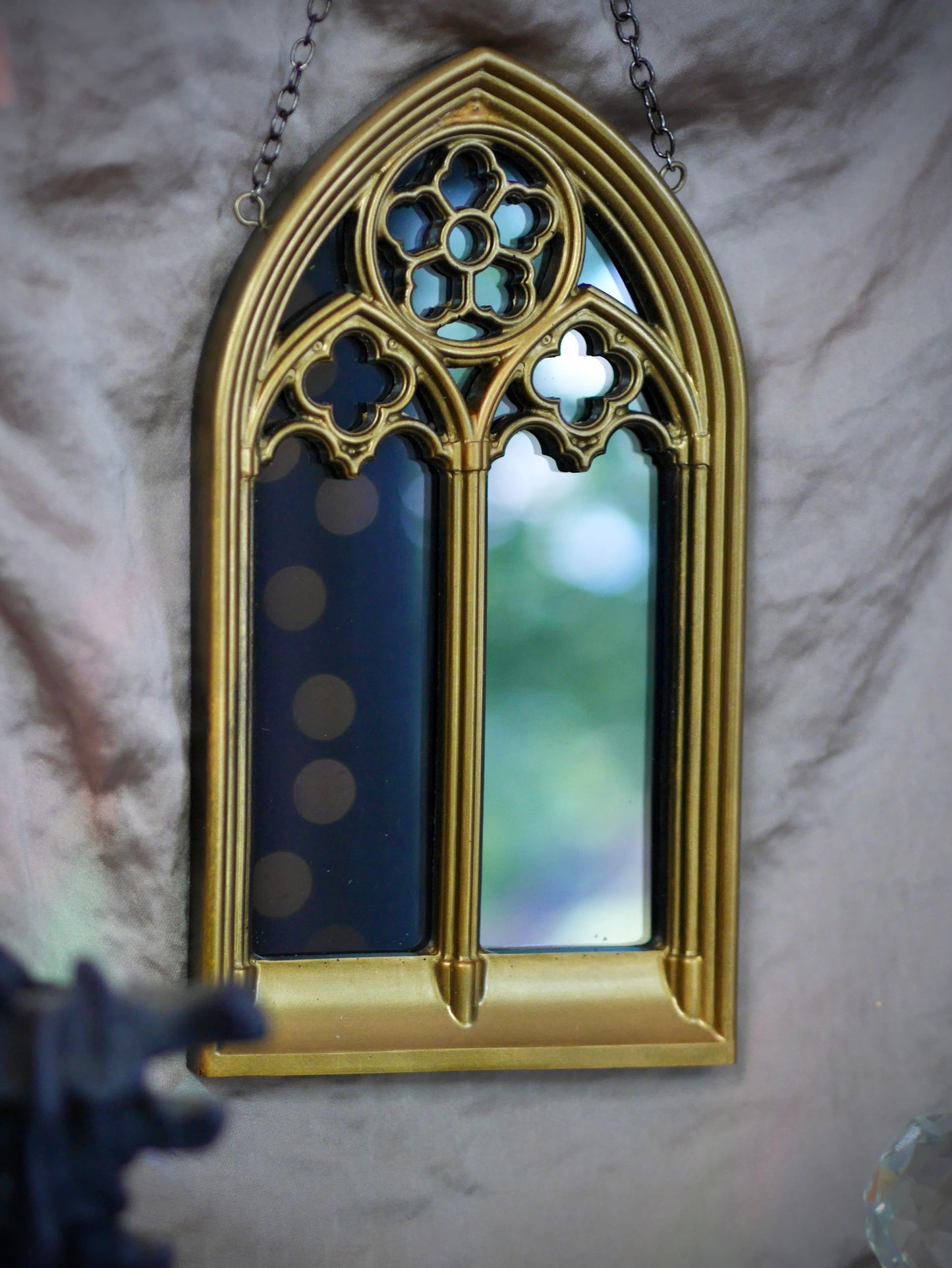 Gothic Arches Mirror - Gold Frame Black Mirror on Chain