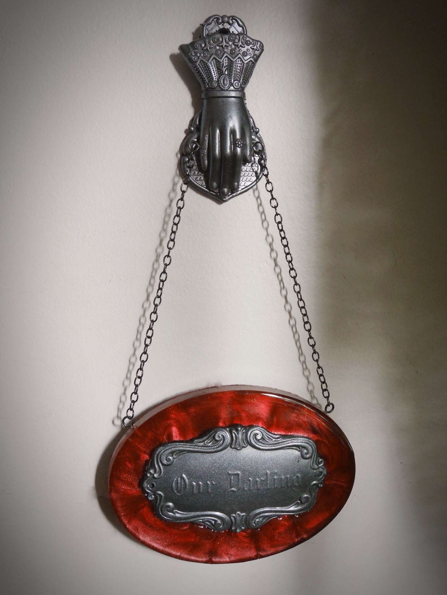 Darling Victorian Mourning Casket Plaque - Red and Pewter