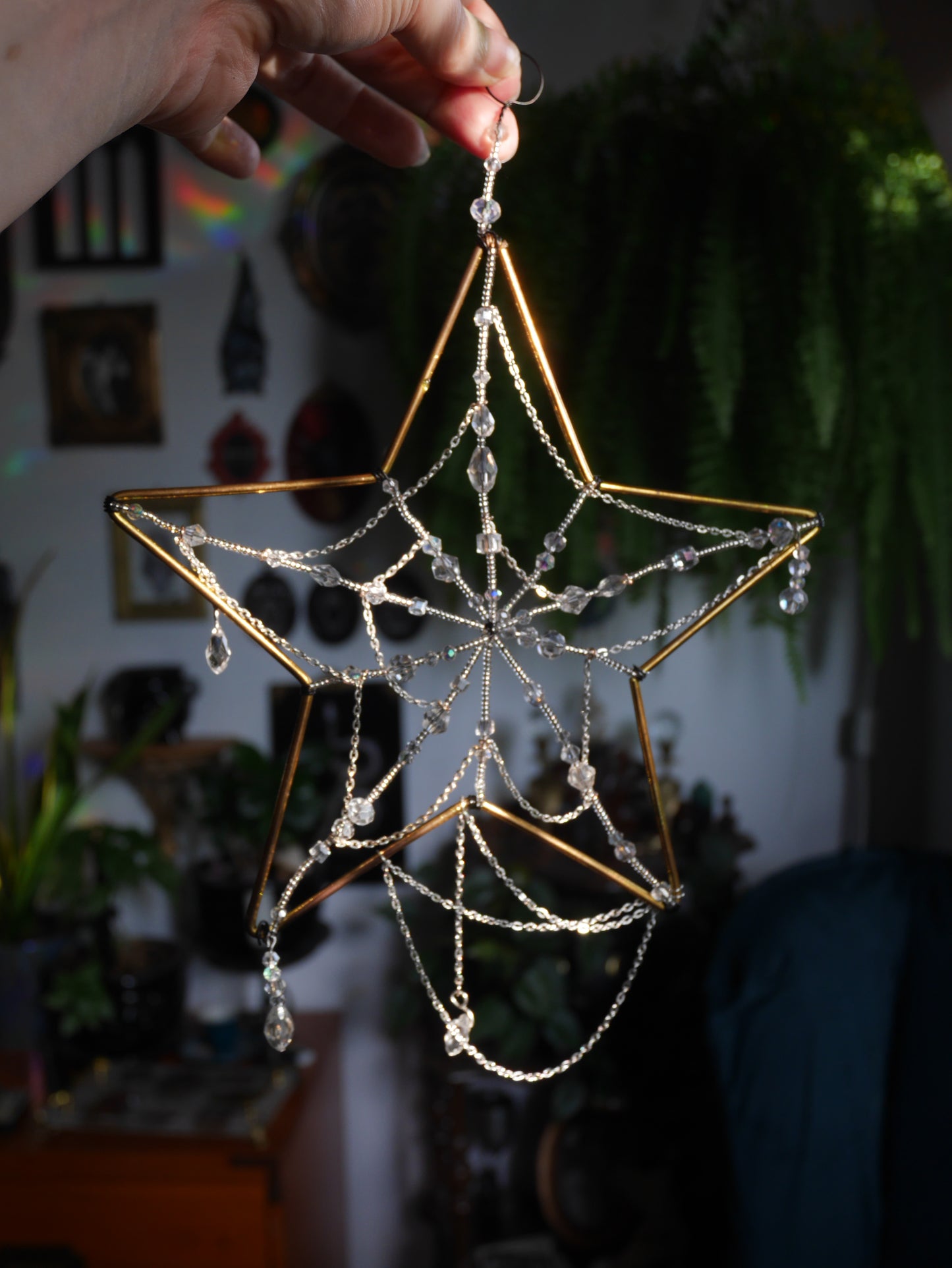 Glass Beaded Spiderweb Sun Catcher - Star