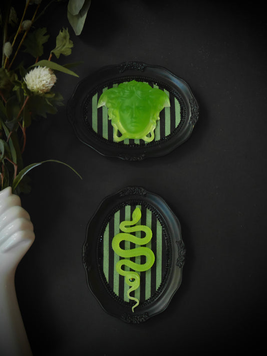 Medusa & Serpent – Uranium Glass Effect Glow Set of 2 Wall Sculptures