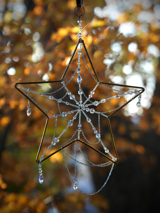 Glass Beaded Spiderweb Sun Catcher - Star