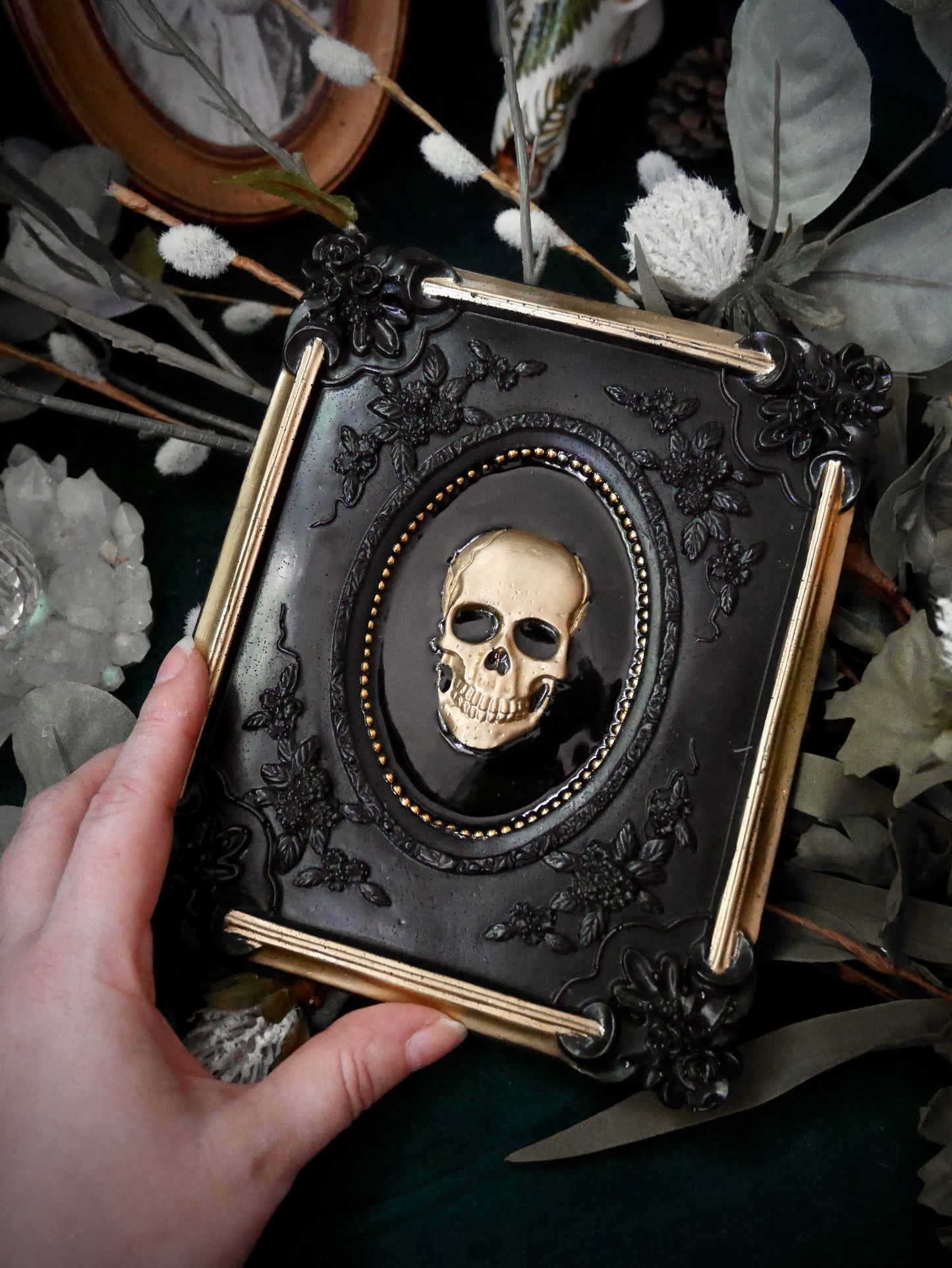 Black Gold Skull in Ornate Victorian Frame