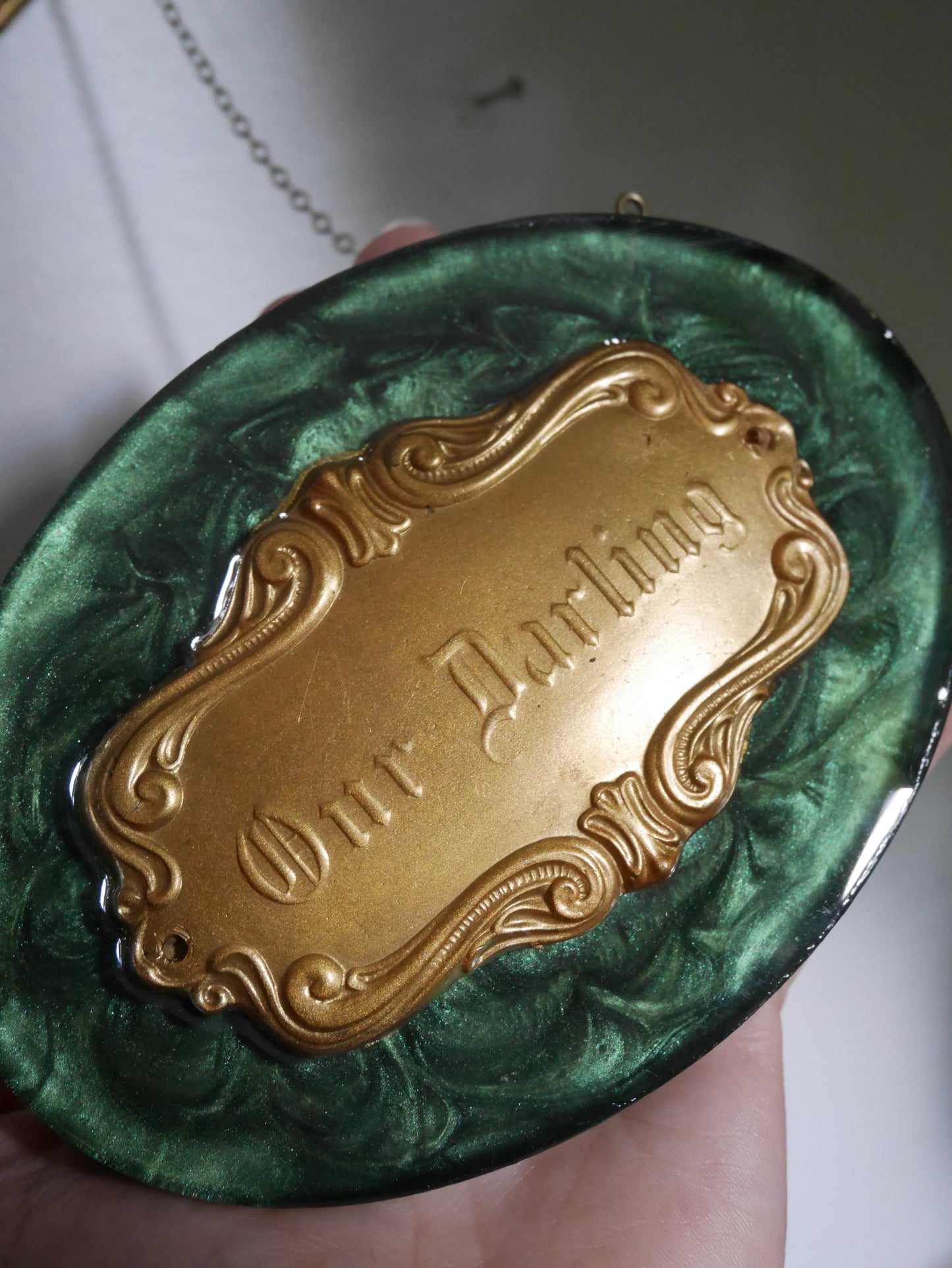 Darling Victorian Mourning Casket Plaque - Green and Gold