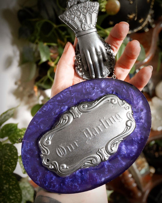 Darling Victorian Mourning Casket Plaque - Purple and Pewter