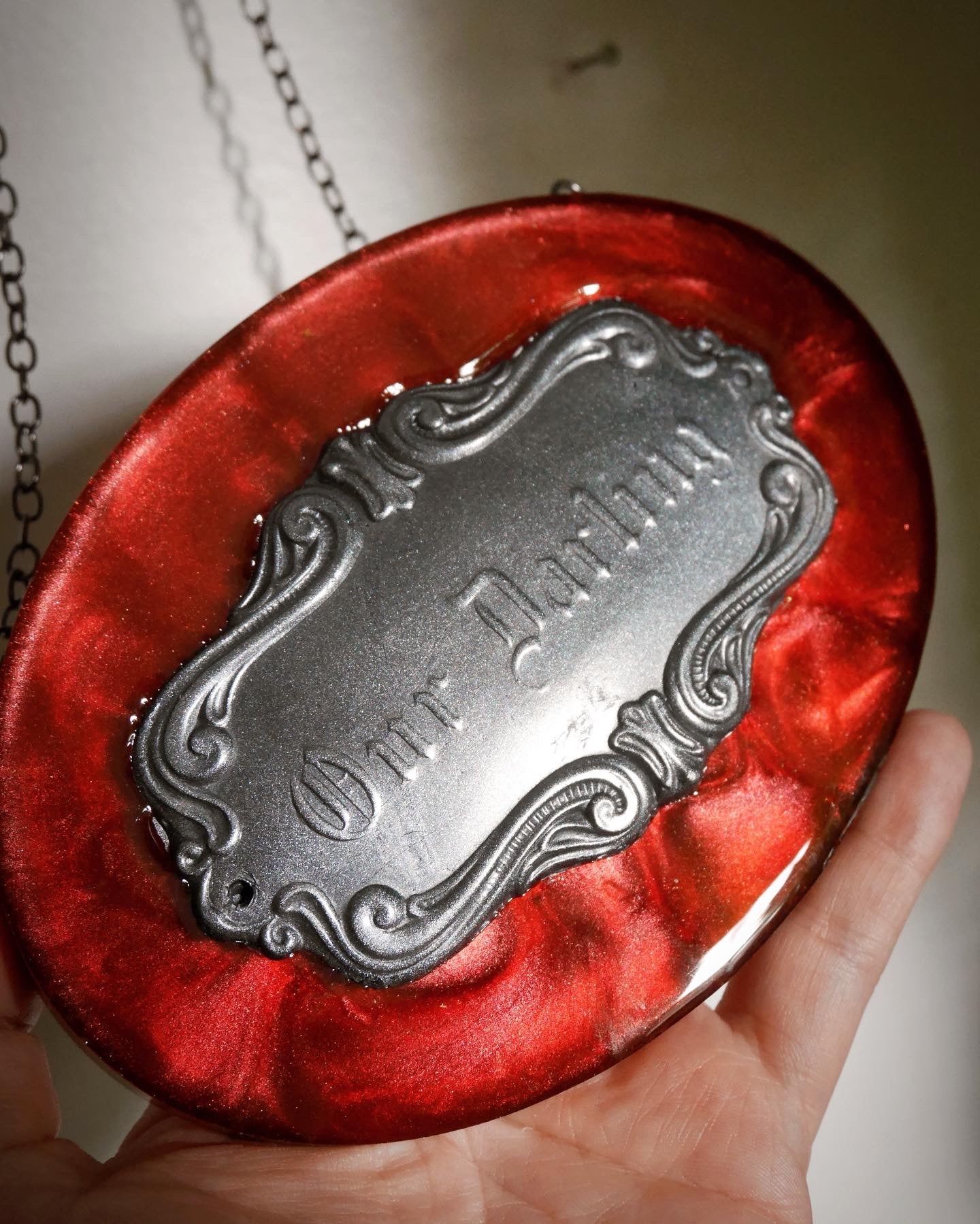 Darling Victorian Mourning Casket Plaque - Red and Pewter